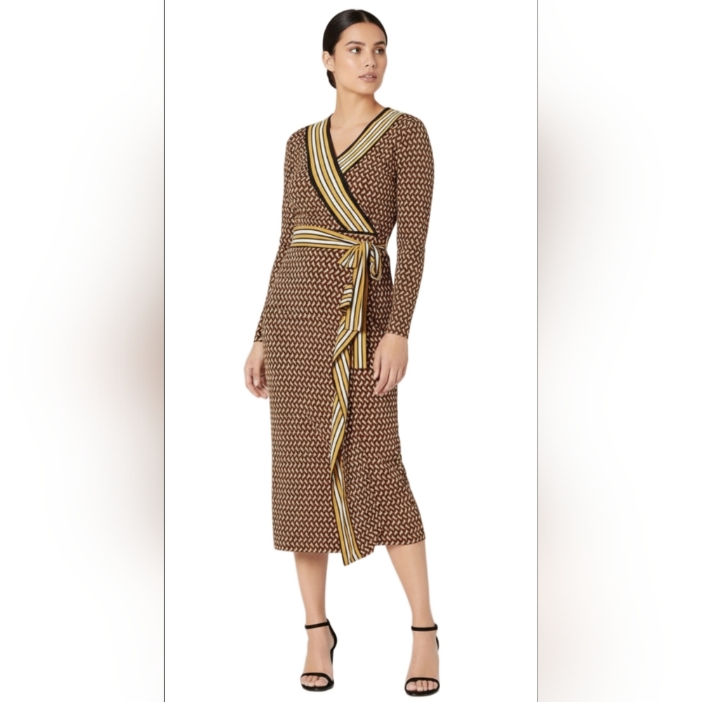 MICHAEL Michael Kors 2‎ PC Brown and Yellow  Wrap Skirt Geo Border Prints
